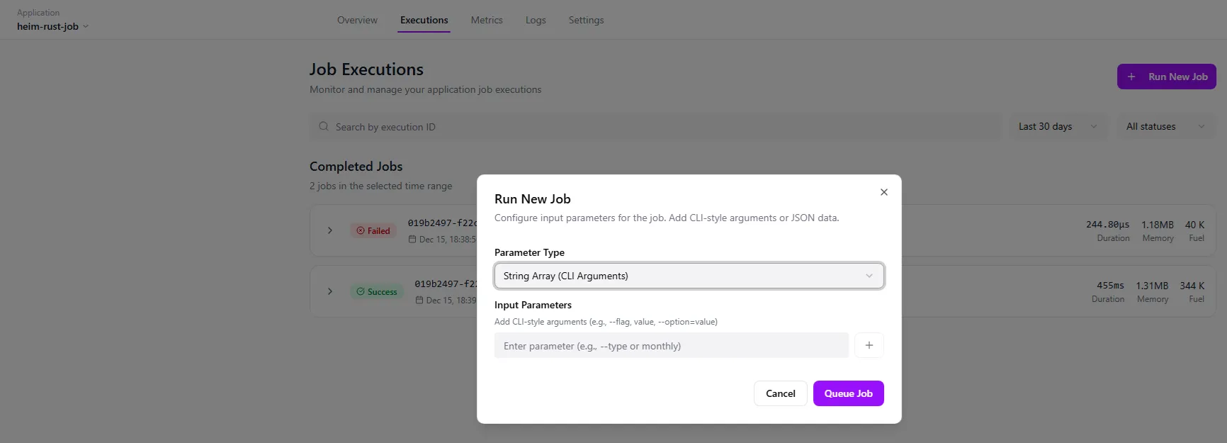 Application Executions Run New Job selector